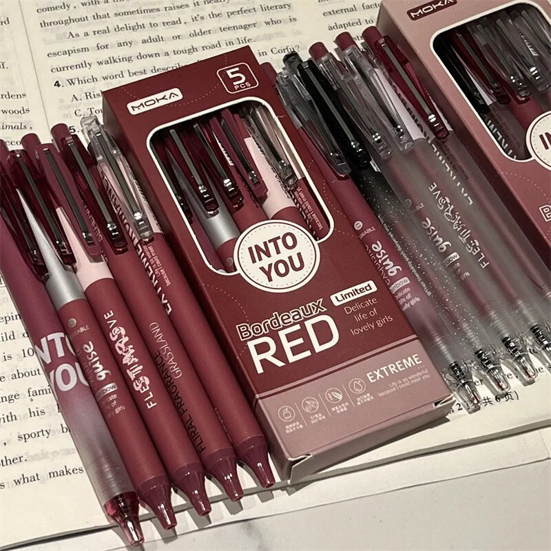5gab Kawaii pildspalvas Bordeaux Red Retro Gel Pens Black Ink Skolas piederumi Atpakaļ uz skolu Japāņu kancelejas pildspalvu komplekts Estētisks