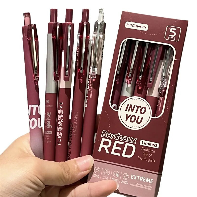 5gab Kawaii pildspalvas Bordeaux Red Retro Gel Pens Black Ink Skolas piederumi Atpakaļ uz skolu Japāņu kancelejas pildspalvu komplekts Estētisks
