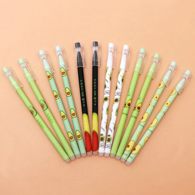 12 gab./kastē 0,5 mm Kawaii Avocado dzēšams pildspalvu komplekts mazgājams rokturis, zils, melns tintes rakstīšanas gēla pildspalvas skolas studentiem