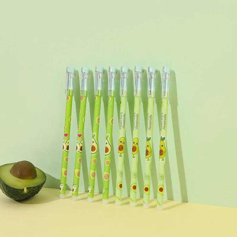 12 gab./kastē 0,5 mm Kawaii Avocado dzēšams pildspalvu komplekts mazgājams rokturis, zils, melns tintes rakstīšanas gēla pildspalvas skolas studentiem