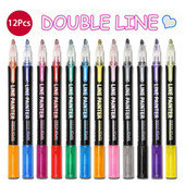 8 τμχ/12 τεμ. Έγχρωμο Διπλό Γραμμή Περιγράμματος Τέχνης Μαρκαδόρος Στυλό Λεύκωμα Αφίσας Κάρτες Ζωγραφική Γράψιμο Σχέδιο Graffiti Glitter Highlighter