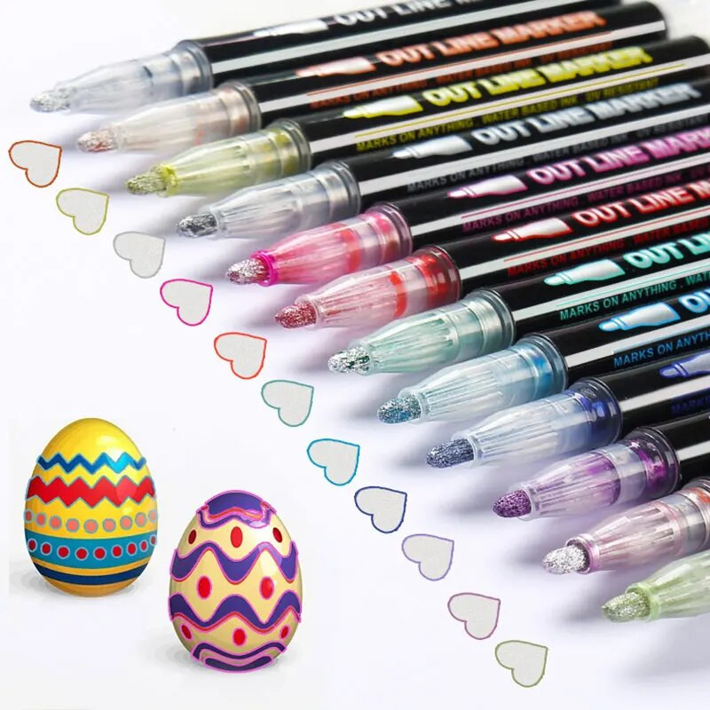 8 τμχ/12 τεμ. Έγχρωμο Διπλό Γραμμή Περιγράμματος Τέχνης Μαρκαδόρος Στυλό Λεύκωμα Αφίσας Κάρτες Ζωγραφική Γράψιμο Σχέδιο Graffiti Glitter Highlighter