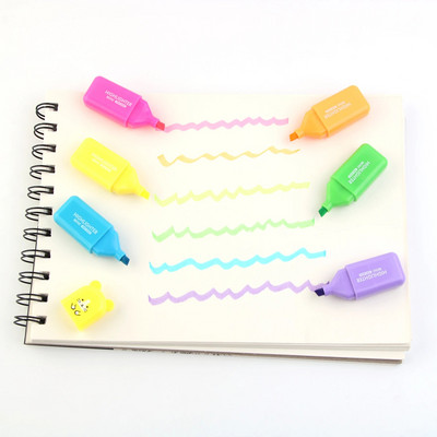 6 бр./компл. Tiny Bear Chisel Tips Highlighter Pen Флуоресцентни цветове Маркери Мини сладък Kawaii дизайн за писане на рисунки на графити