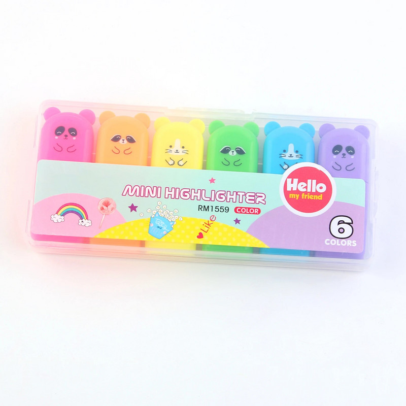 6pcs/set Tiny Bear Dlijeto Tip Highlighter Olovka Fluorescentne boje Markeri Mini slatki kawaii dizajn za pisanje crteža grafita