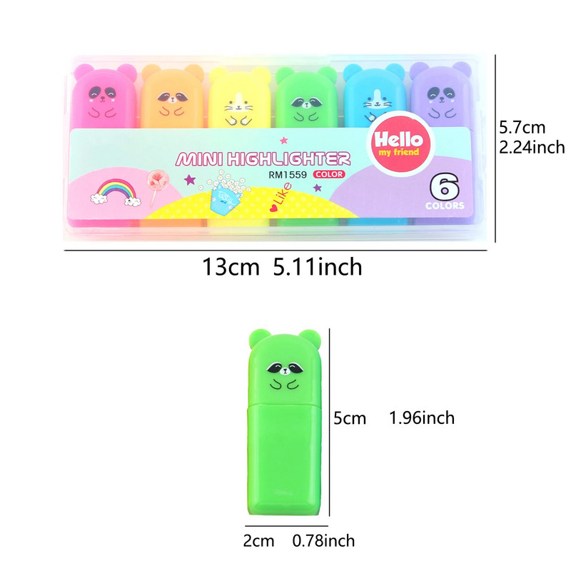 6pcs/set Tiny Bear Dlijeto Tip Highlighter Olovka Fluorescentne boje Markeri Mini slatki kawaii dizajn za pisanje crteža grafita