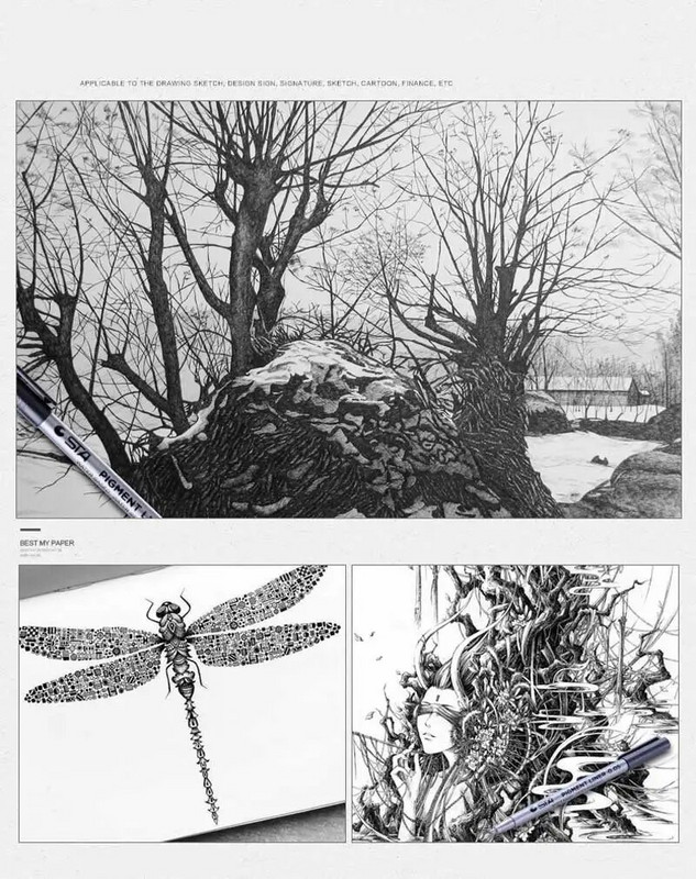 STA Μαύρο στυλό μικρού στυλό Hook Liner σκίτσο Σχέδιο Αδιάβροχο Fade Proof Art Supplies Manga Comic Handwriting Brush Pen