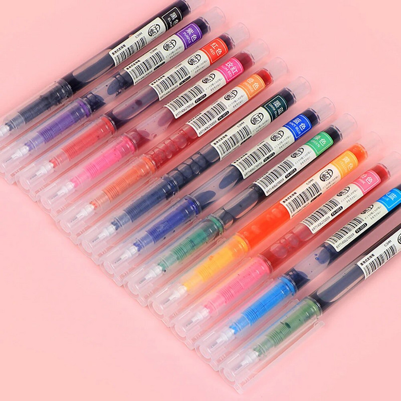 12 krāsu tintes taisna šķidra želejas pildspalva Krāsaina šķidra rullīšu pildspalva 0,5 mm rullīšu pildspalvas Mākslinieciskā fonta skolas biroja kancelejas preces