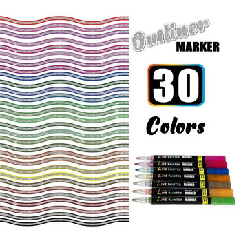 30 цвята комплект химикалки с двойна линия с контури Метален цветен хайлайтър Магическа писалка с маркери Скрапбукинг за художествена живопис Ученически пособия