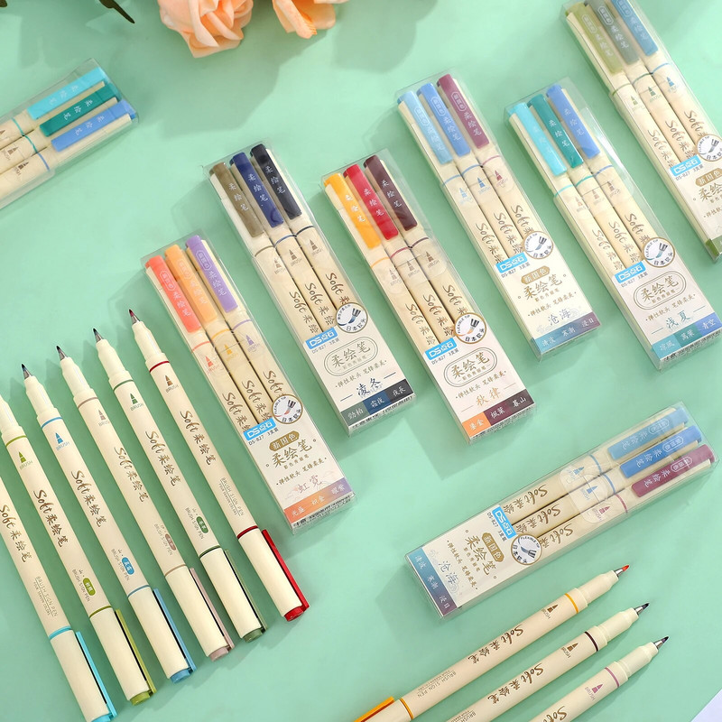3 gab./komplekts DIY žurnāla mākslas marķieri pildspalvas Studentu zīmējumu rakstīšanai daudzkrāsu mīksta gleznošanas pildspalva Kawaii kancelejas piederumi skolas piederumi
