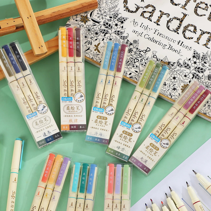 3 gab./komplekts DIY žurnāla mākslas marķieri pildspalvas Studentu zīmējumu rakstīšanai daudzkrāsu mīksta gleznošanas pildspalva Kawaii kancelejas piederumi skolas piederumi