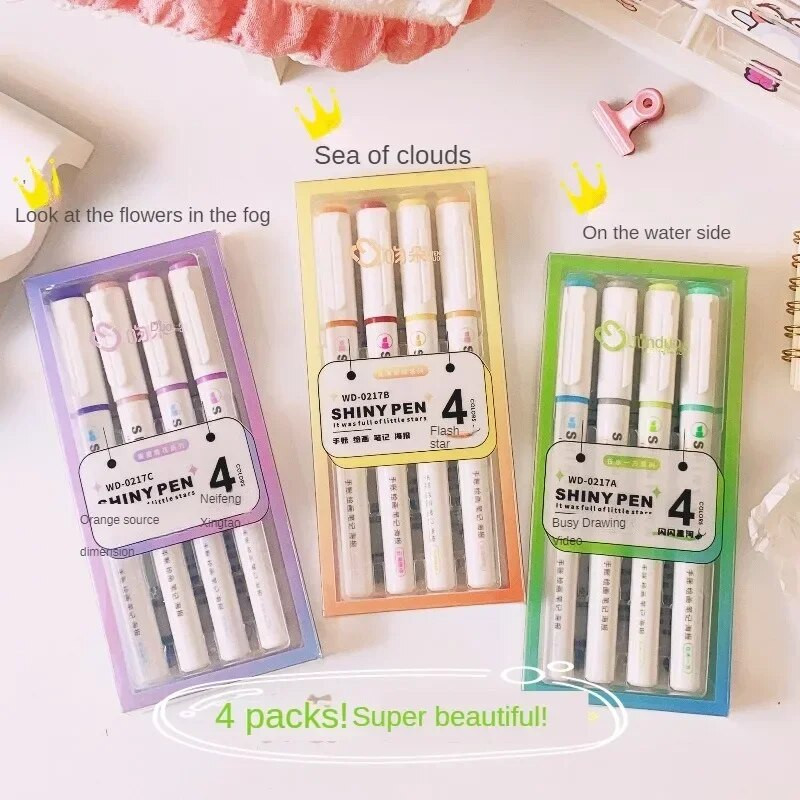 4 χρώματα/κουτί Kawaii Glitter Highlighter Παστέλ Fine Pastel Highlighter Marker Λεύκωμα Ζωγραφισμένα Γραφικά Σχολικά Προμήθειες
