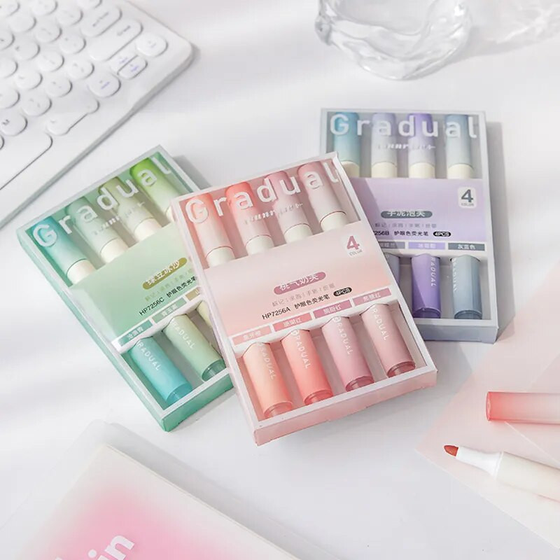 4gab./komplektā Macaron krāsu gradienta izcelšanas pildspalvas Kawaii kancelejas preces studentiem marķieru pildspalvas zīmēšanas rīks Jauki skolas biroja piederumi