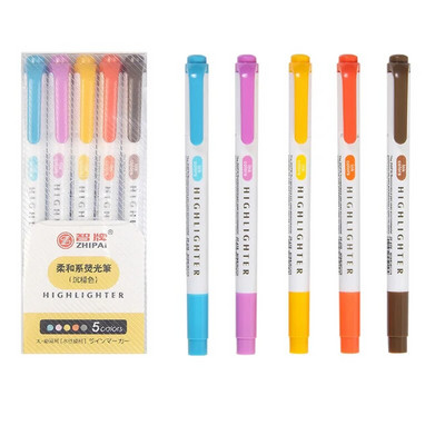 5 krāsu/kastīte ar dubultu marķieru pildspalvu komplekts Fluorescējošie marķieri Marķieri Pildspalvas Mākslas marķieris Japāņu jauki Kawaii rakstāmpiederumi