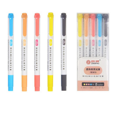 5 krāsu/kastīte ar dubultu marķieru pildspalvu komplekts Fluorescējošie marķieri Marķieri Pildspalvas Mākslas marķieris Japāņu jauki Kawaii rakstāmpiederumi