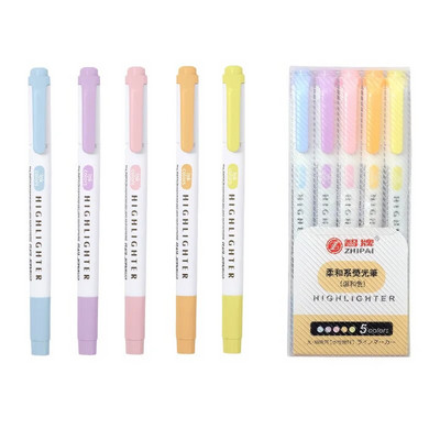 5 krāsu/kastīte ar dubultu marķieru pildspalvu komplekts Fluorescējošie marķieri Marķieri Pildspalvas Mākslas marķieris Japāņu jauki Kawaii rakstāmpiederumi
