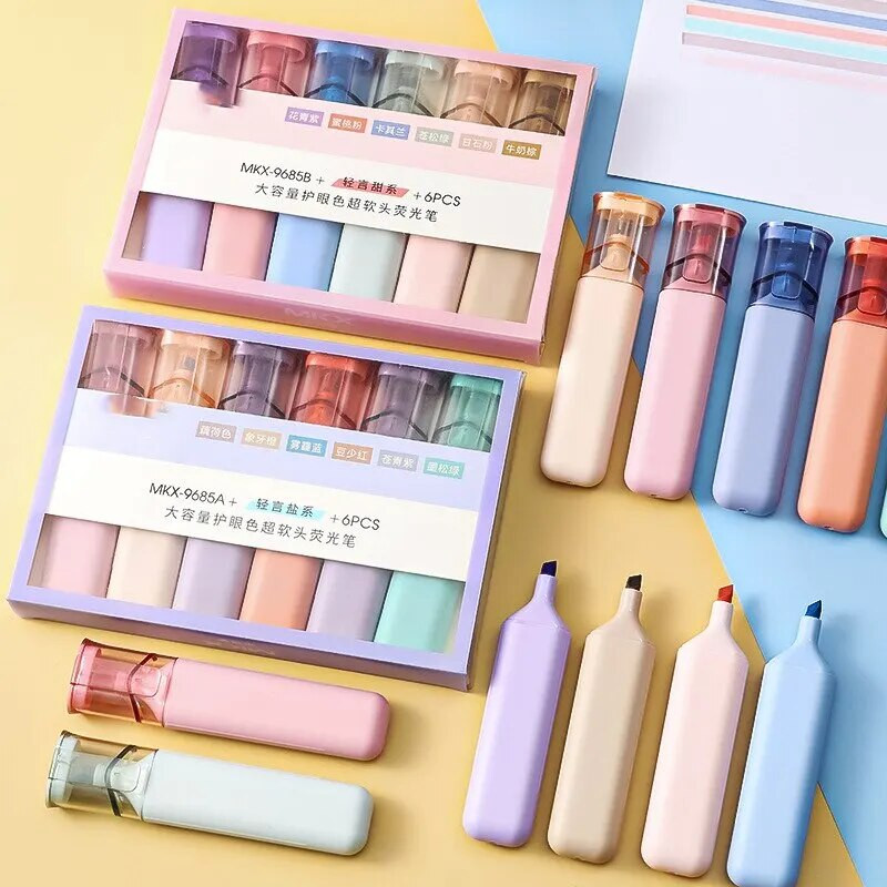 6 gab./komplekts, mīksts uzgalis, dubultā galviņa marķieris pildspalva gaišā krāsā Kawaii marķieris dienasgaismas pildspalva Scrapbooking gleznošanas kancelejas preces