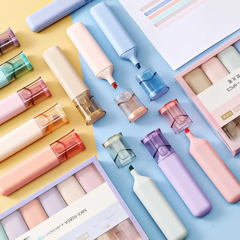 6 gab./komplekts, mīksts uzgalis, dubultā galviņa marķieris pildspalva gaišā krāsā Kawaii marķieris dienasgaismas pildspalva Scrapbooking gleznošanas kancelejas preces