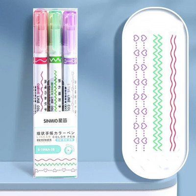 3/6 gab Kawaii marķieri pildspalvas Cute rullīšu uzgalis līknes līnijpārvadātāju līnijas formas marķieris korejiešu kancelejas preces Grafiti pildspalvas Biroja piederumi