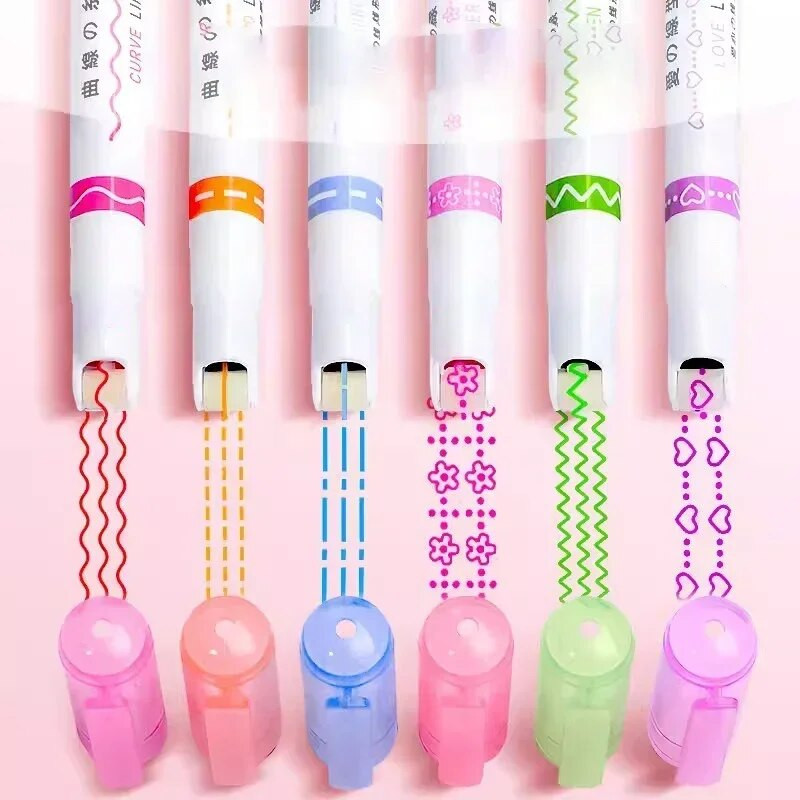 3/6 gab Kawaii marķieri pildspalvas Cute rullīšu uzgalis līknes līnijpārvadātāju līnijas formas marķieris korejiešu kancelejas preces Grafiti pildspalvas Biroja piederumi