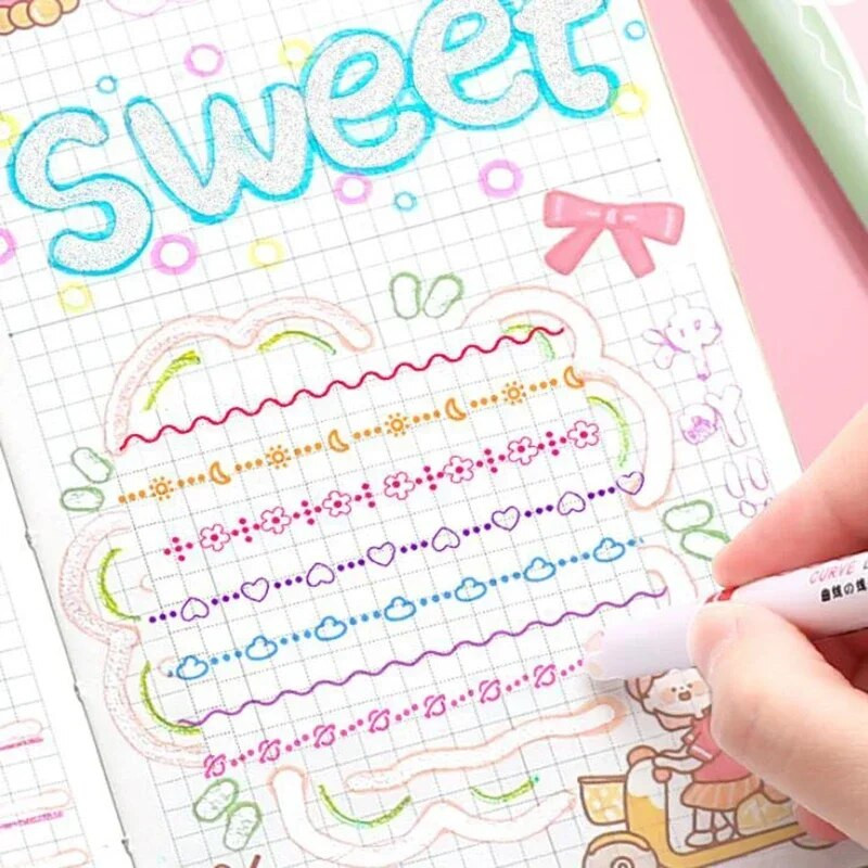 3/6 gab Kawaii marķieri pildspalvas Cute rullīšu uzgalis līknes līnijpārvadātāju līnijas formas marķieris korejiešu kancelejas preces Grafiti pildspalvas Biroja piederumi