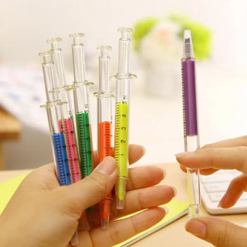 6Pc Kawaii Syringe Highlighter Pen Спринцовка Форма на игла Механична цветна химикалка Химикалка за офис Училищен маркер Инструмент за писане