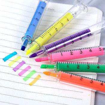 6Pc Kawaii Syringe Highlighter Pen Спринцовка Форма на игла Механична цветна химикалка Химикалка за офис Училищен маркер Инструмент за писане