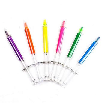 6Pc Kawaii Syringe Highlighter Pen Спринцовка Форма на игла Механична цветна химикалка Химикалка за офис Училищен маркер Инструмент за писане