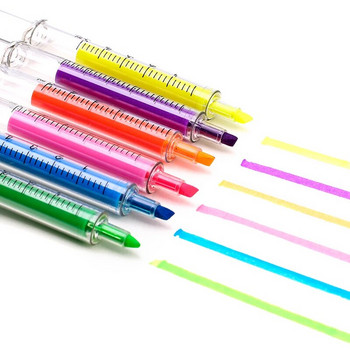 6Pc Kawaii Syringe Highlighter Pen Syringe Needle Shape Mechanical Color Pen Ballpoint for Office School Marker Writing Tool