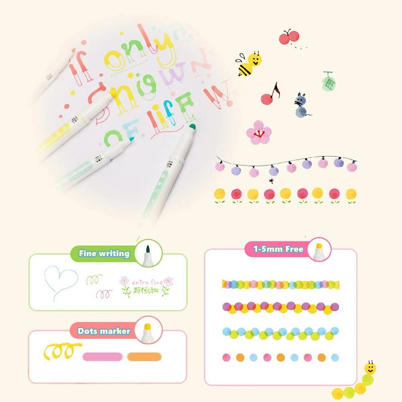 6 τμχ Ανοιχτόχρωμο Dot Highlighter Σετ στυλό Dual Side Fine Liner & Spot Marker για Σχέδιο Ζωγραφική Σχολικά Είδη Γραφείου F279
