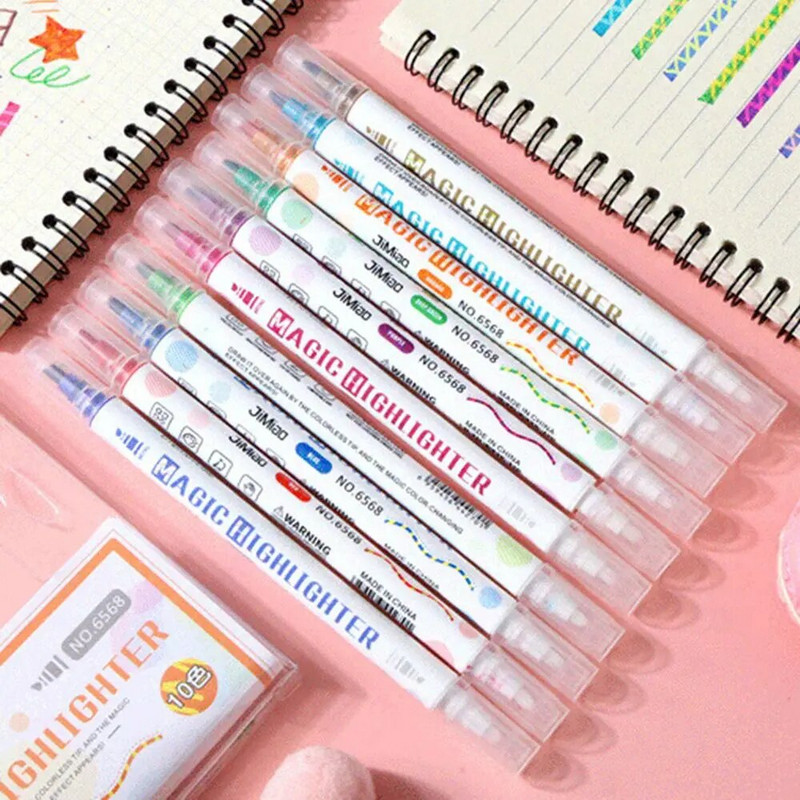 10 tk/komplekt Kahepealine luminofoormarker Magic Highlighter pliiatsi komplekt Värvi muutev värvipliiatsi joonistustööriistad Kooli kirjatarbed