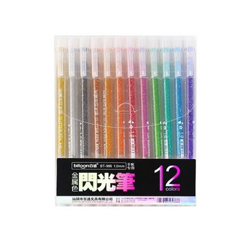 12Χρώματα/Σετ Metallic Glitter Pen Flash Marker 1,0mm Drawing Metal Pastel Highlighter Art Marker Journal DIY School Stationery