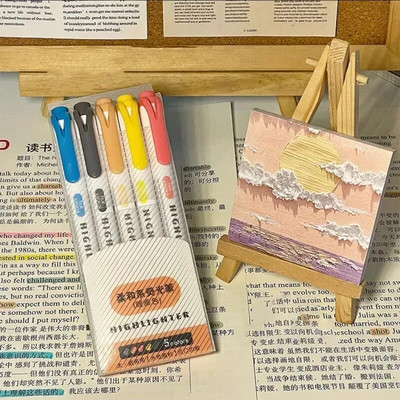 5 krāsu/kaste ar divgalvu marķiera pildspalvu komplekts Fluorescējoša zīmēšanas marķieri Marķieri Pildspalvas Māksla Japāņu japāņu, pasteļtoņu rakstāmpiederumi