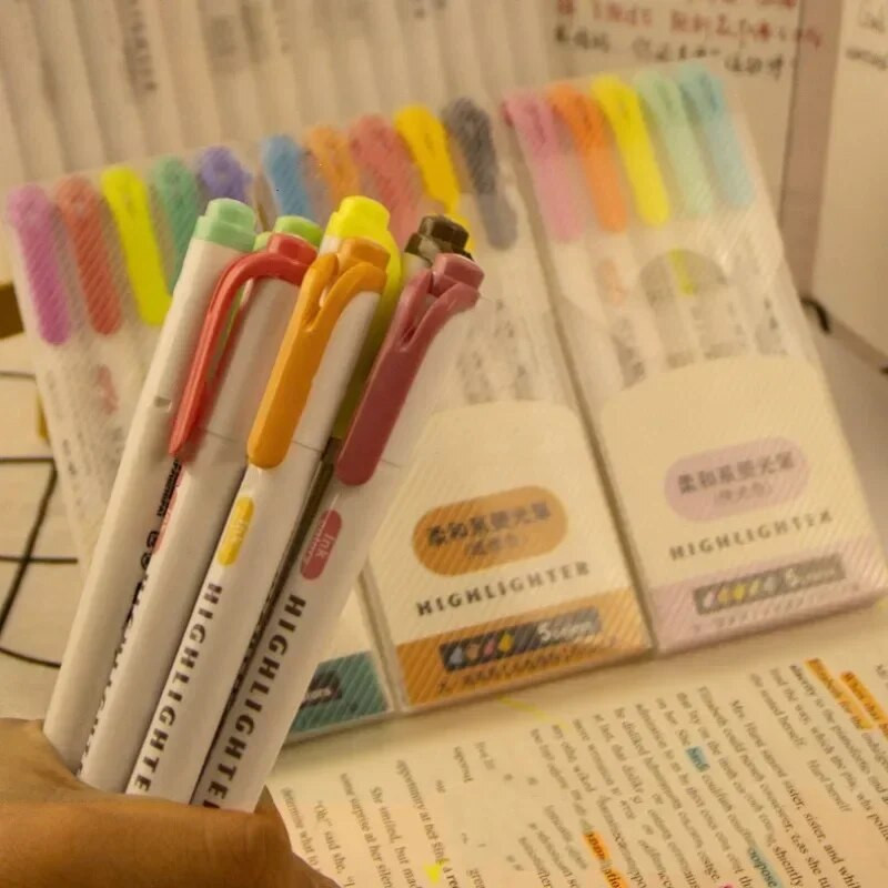 5 krāsu/kaste ar divgalvu marķiera pildspalvu komplekts Fluorescējoša zīmēšanas marķieri Marķieri Pildspalvas Māksla Japāņu japāņu, pasteļtoņu rakstāmpiederumi