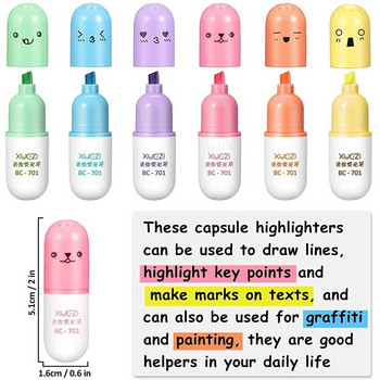 Haile 6Pcs Kawaii Mini Pills Highlighter Pen Cute Funny Smiling Face Fluorescent Marker Pen School Office Art Канцеларски материали
