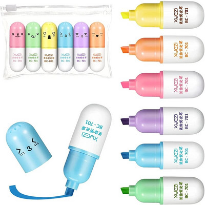 Haile 6Pcs Kawaii Mini Pills Olovka za označavanje Slatko smiješno nasmiješeno lice Fluorescentni marker Olovka za školu Uredski umjetnički pribor