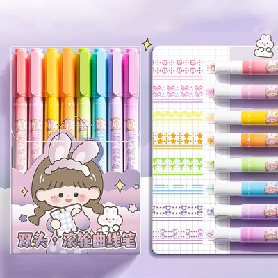 8gab./komplektā Kawaii līnijas formas izgaismotājs, radošs dubultgalvas rullīšu izliekuma pildspalvas DIY grafiti pildspalva zīmējumu korejiešu kancelejas preču birojs