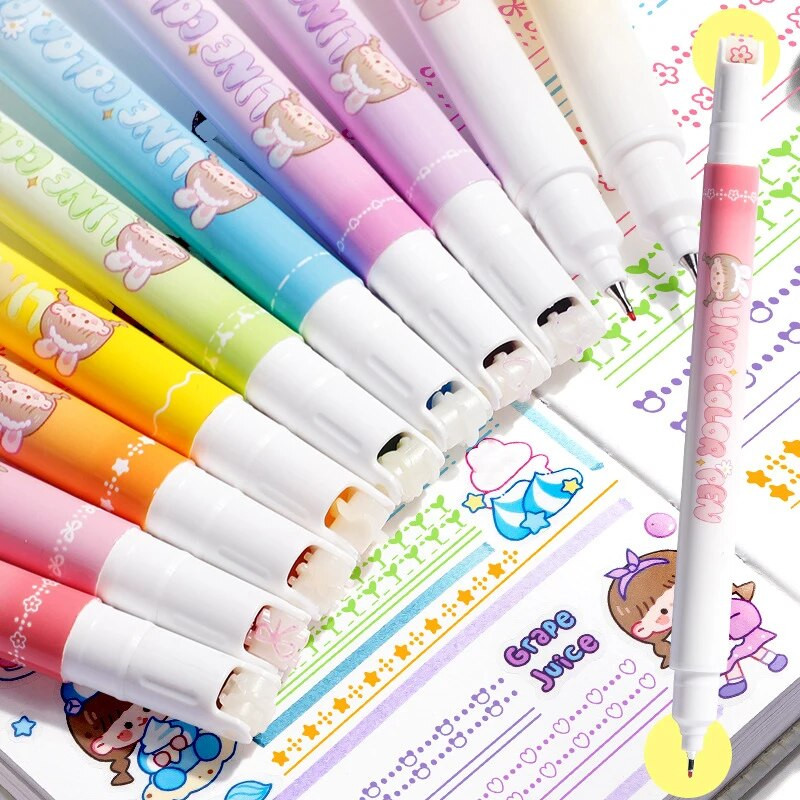 8gab./komplektā Kawaii līnijas formas izgaismotājs, radošs dubultgalvas rullīšu izliekuma pildspalvas DIY grafiti pildspalva zīmējumu korejiešu kancelejas preču birojs