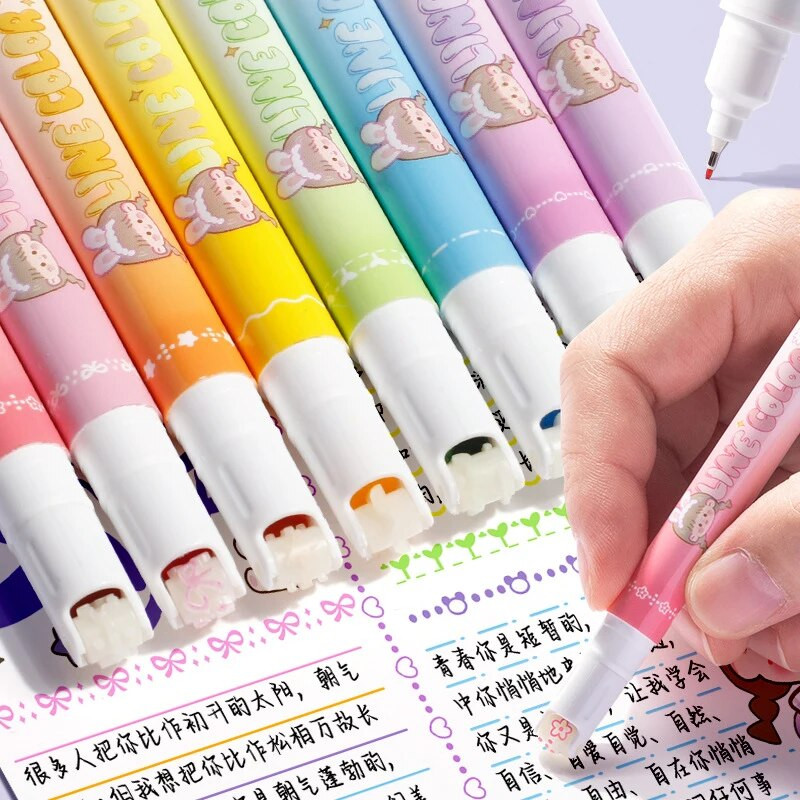 8gab./komplektā Kawaii līnijas formas izgaismotājs, radošs dubultgalvas rullīšu izliekuma pildspalvas DIY grafiti pildspalva zīmējumu korejiešu kancelejas preču birojs