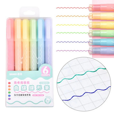 3/6 vnt Curve Line paryškinimo rašiklis Daugiaspalvis volelis antgalio bangos linijos formos žymeklis Highlighter Liner School Naujovės raštinės reikmenys
