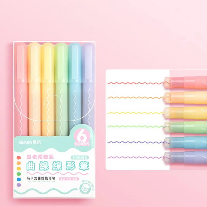 3/6 vnt Curve Line paryškinimo rašiklis Daugiaspalvis volelis antgalio bangos linijos formos žymeklis Highlighter Liner School Naujovės raštinės reikmenys