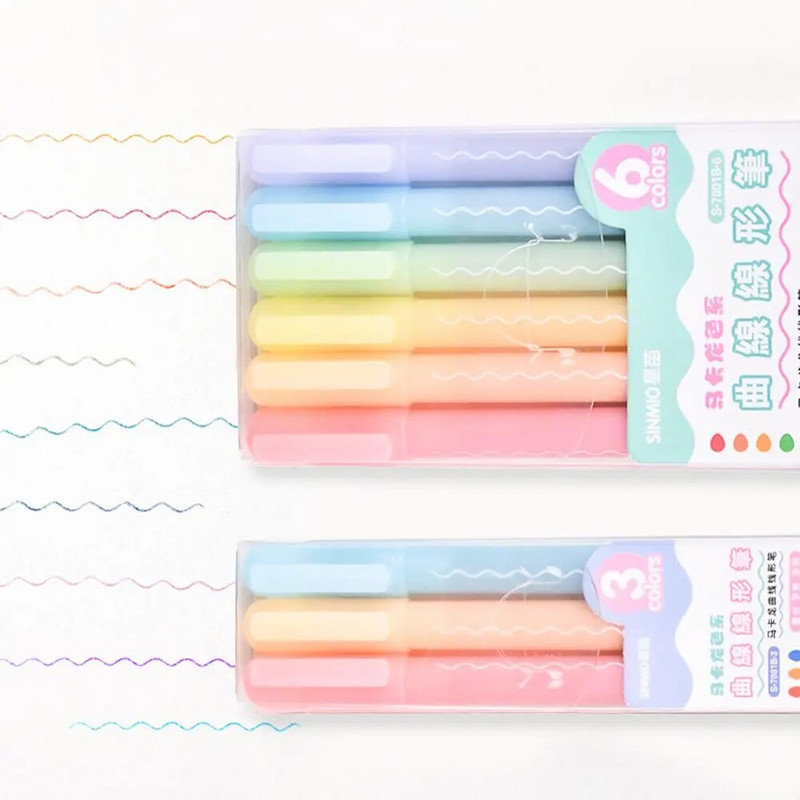 3/6 vnt Curve Line paryškinimo rašiklis Daugiaspalvis volelis antgalio bangos linijos formos žymeklis Highlighter Liner School Naujovės raštinės reikmenys