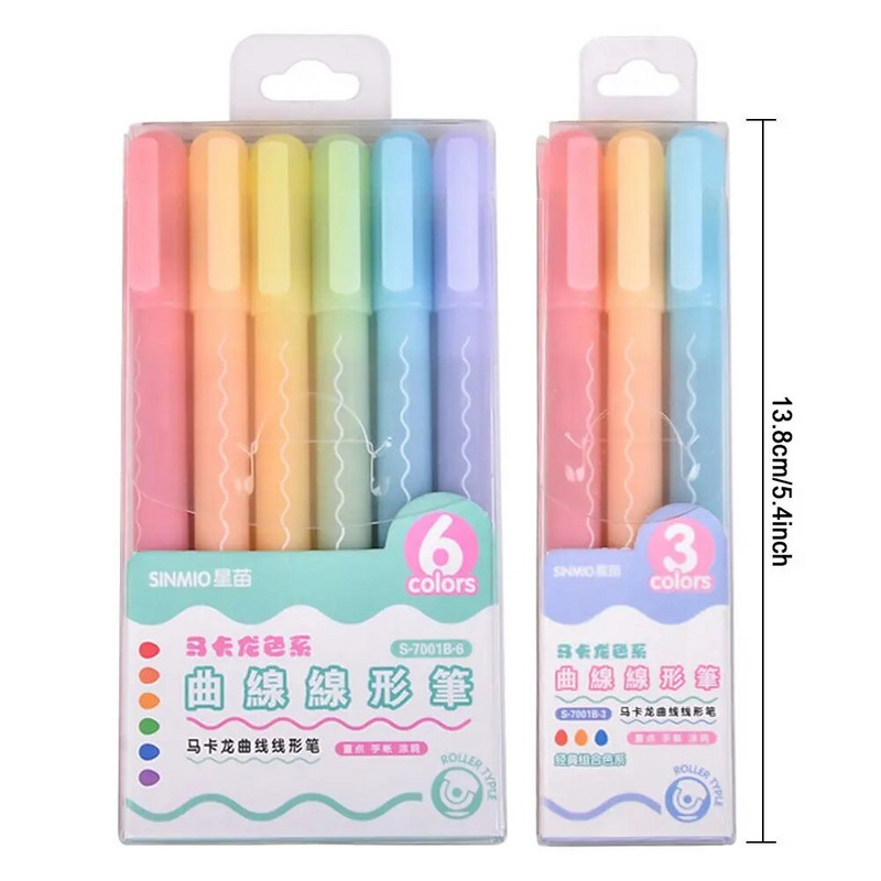 3/6 vnt Curve Line paryškinimo rašiklis Daugiaspalvis volelis antgalio bangos linijos formos žymeklis Highlighter Liner School Naujovės raštinės reikmenys
