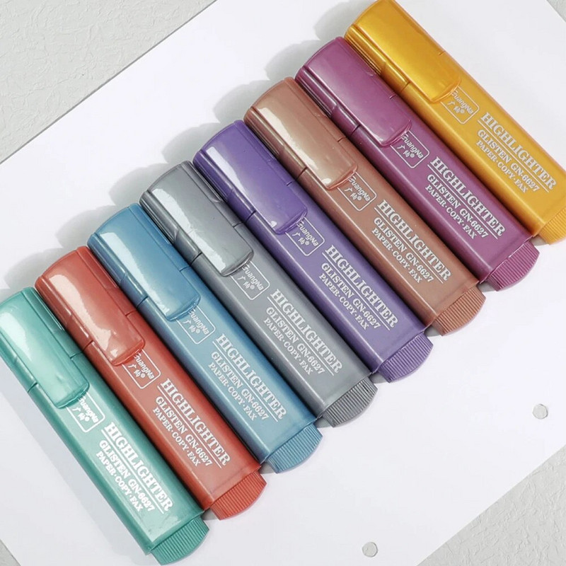 8 krāsu metālisks marķieris, īpaši zibspuldzes dienasgaismas pildspalva, metālisks mirdzošs izgaismotājs, marķieri piezīmju veikšanai, žurnālu rakstīšanas piederumi