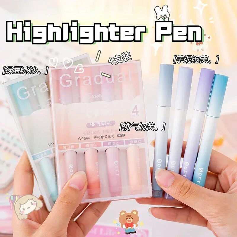 4 gab./komplektā Kawaii Highlighter Pen Gradient Morandi Highlighter Marķieris Art Marķieris Grafiti Fluorescent Pen School Biroja piederumi