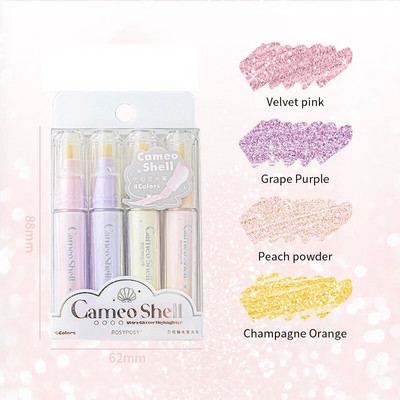 4 subtilių spalvų metalinių blizgučių paryškintuvų rinkinys su kaltų antgaliais, lanksčiu linijos pločiu ir nedėmėtu vandens pagrindu pagamintu rašalu