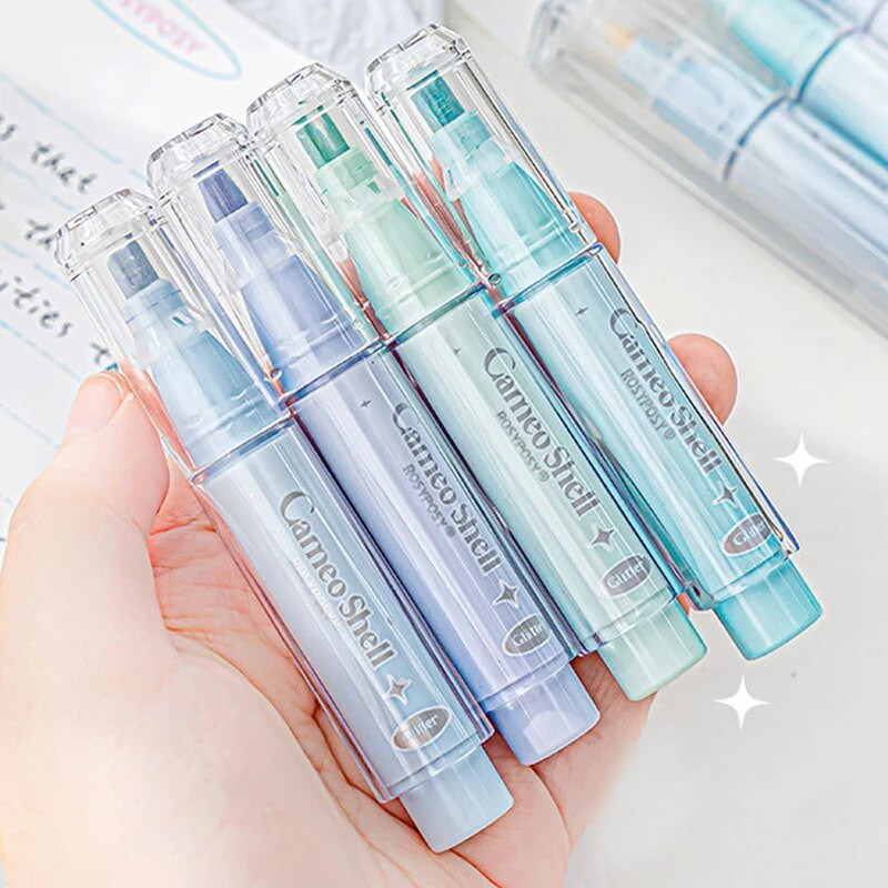 4 subtilių spalvų metalinių blizgučių paryškintuvų rinkinys su kaltų antgaliais, lanksčiu linijos pločiu ir nedėmėtu vandens pagrindu pagamintu rašalu