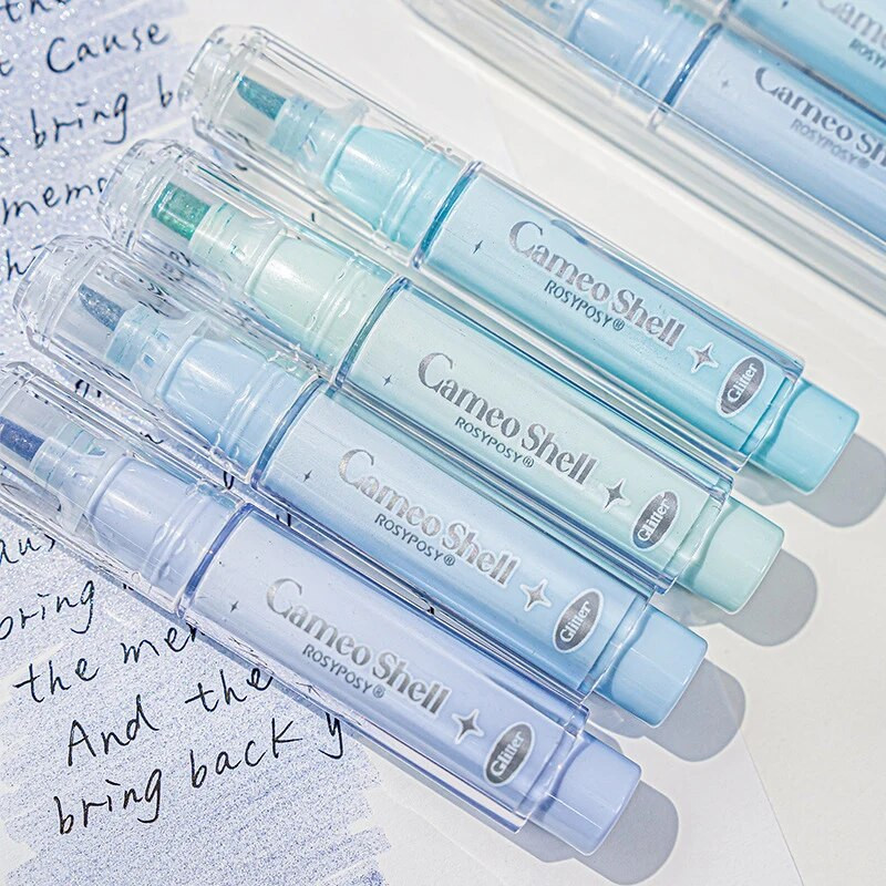 4 subtilių spalvų metalinių blizgučių paryškintuvų rinkinys su kaltų antgaliais, lanksčiu linijos pločiu ir nedėmėtu vandens pagrindu pagamintu rašalu