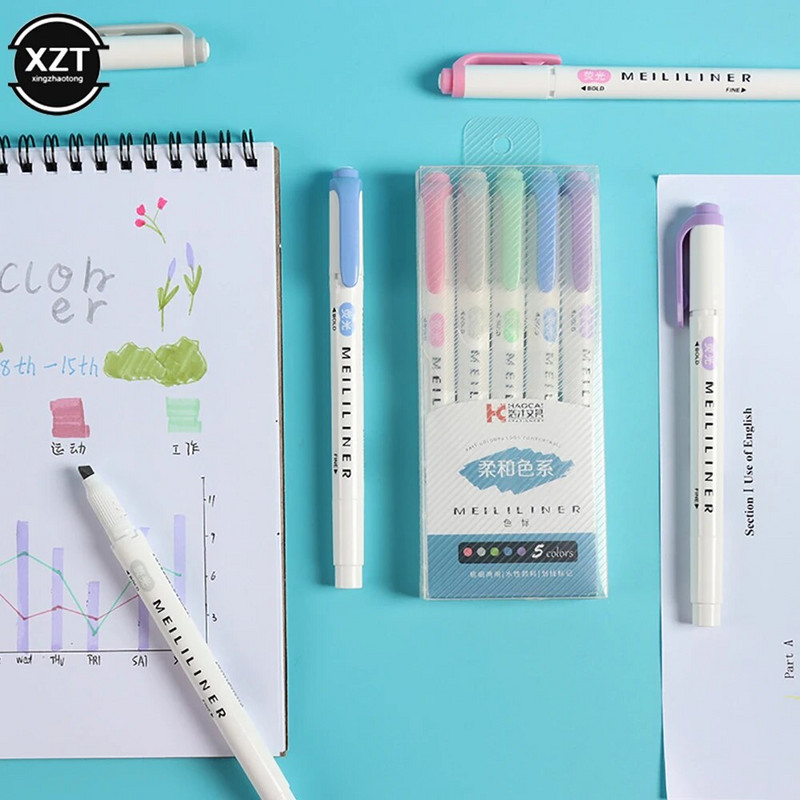 5 värvi/karp Kahe peaga markerpliiatsi komplekt Fluorestseerivad markerid Esiletõstjad Pliiatsid Kunstimarker Jaapani armsad Kawaii kirjatarbed