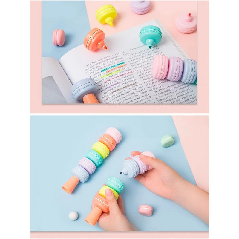 6tk Novelty Cookie Highlighter Pliiatsikomplekt Macaron Cake Fluorescent Color Marker Liner joonistamiseks Paint Art Kid Gift School F473