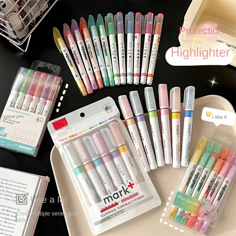 6 ks/sada zvýrazňovačov, fixiek, štetcov, fluorescenčných kresliarskych zvýrazňovačov, obojstranných pier, pastelových písacích potrieb